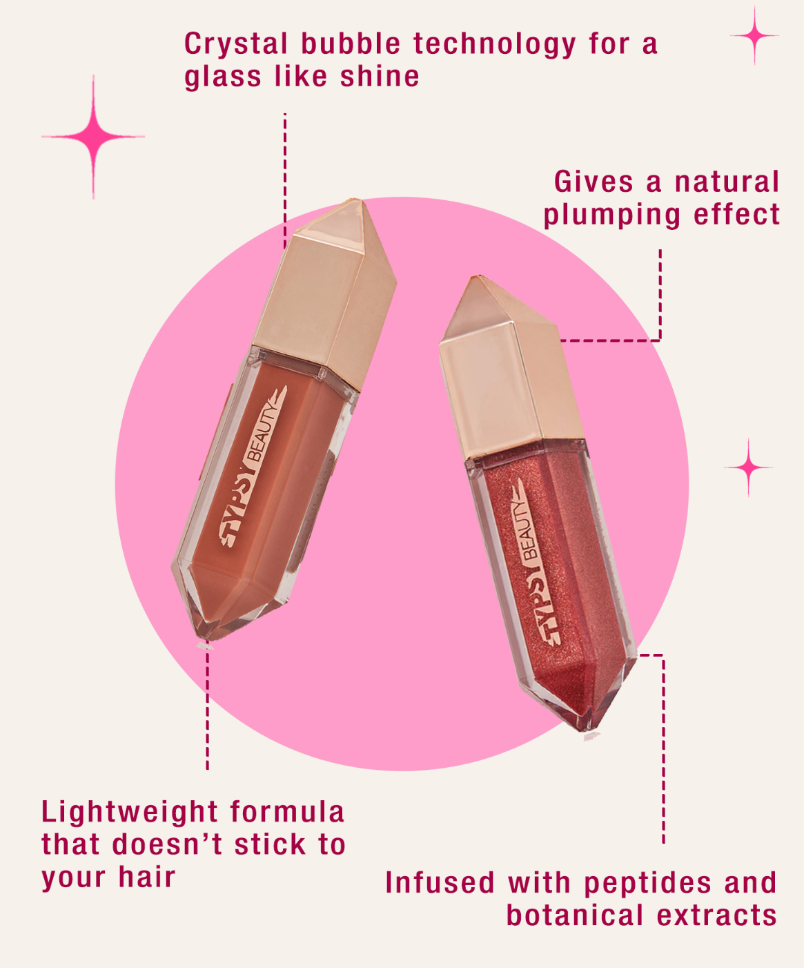 Typsy Beauty Plumping Lip Gloss: Lip plumping without injections, crystal bubble technology for shine, infused with peptides and botanical extracts for hydration.